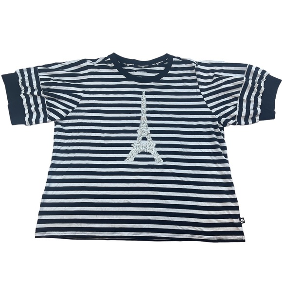 Karl Lagerfeld Paris Stripe Knit Eiffel Tower Short Puff Sleeve Tee S69-24 - Picture 2 of 7